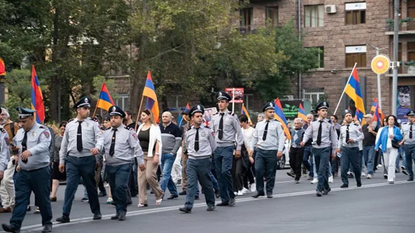 YEREVAN, ARMENIA - SEPTEMBER 30: A demonstration to denounce the "ethnic cleansing" of Nagorno-Karabakh and demand the liberation of the former leaders of the separatist enclave who were arrested on September 30, 2023 in Yerevan, Armenia. An estimated half of the 150,000 residents of Nagorno-Karabakh, a region of Azerbaijan controlled by ethnic Armenians for three decades, have fled for Armenia since Azerbaijani forces seized full control of the enclave (Photo by Astrig Agopian/Getty Images)