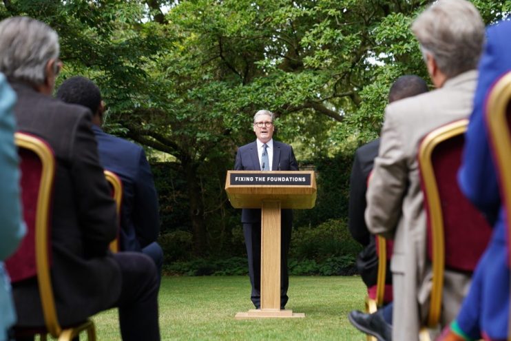 LONDON, ENGLAND - AUGUST 27: Prime Minister Sir Keir Starmer during his speech and press conference in the Rose Garden at 10 Downing Street on August 27, 2024 in London, England. The Prime Minister said "the business of politics will resume" when Parliament returns next week, "but it will not be business as usual" and the government will "get a grip" on the problems facing the UK. (Photo by Stefan Rousseau - WPA Pool/Getty Images)