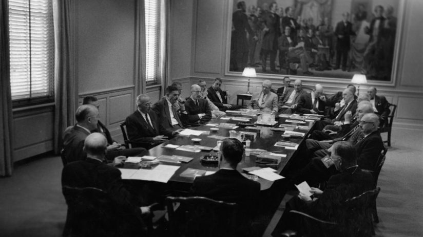 Board of Trustees, Faculty, Shriver Hall Trustees and senior Homewood faculty members are meeting in the boardroom of Shriver Hall, 1960. (Photo by JHU Sheridan Libraries/Gado/Getty Images).