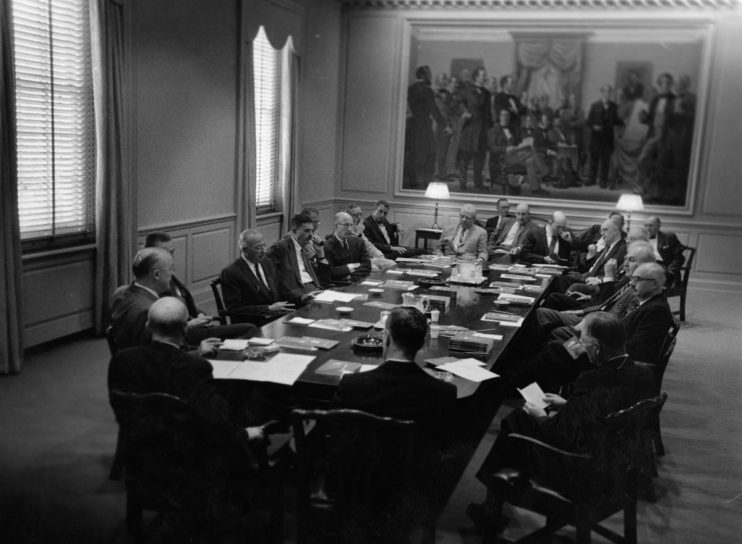 Board of Trustees, Faculty, Shriver Hall Trustees and senior Homewood faculty members are meeting in the boardroom of Shriver Hall, 1960. (Photo by JHU Sheridan Libraries/Gado/Getty Images).