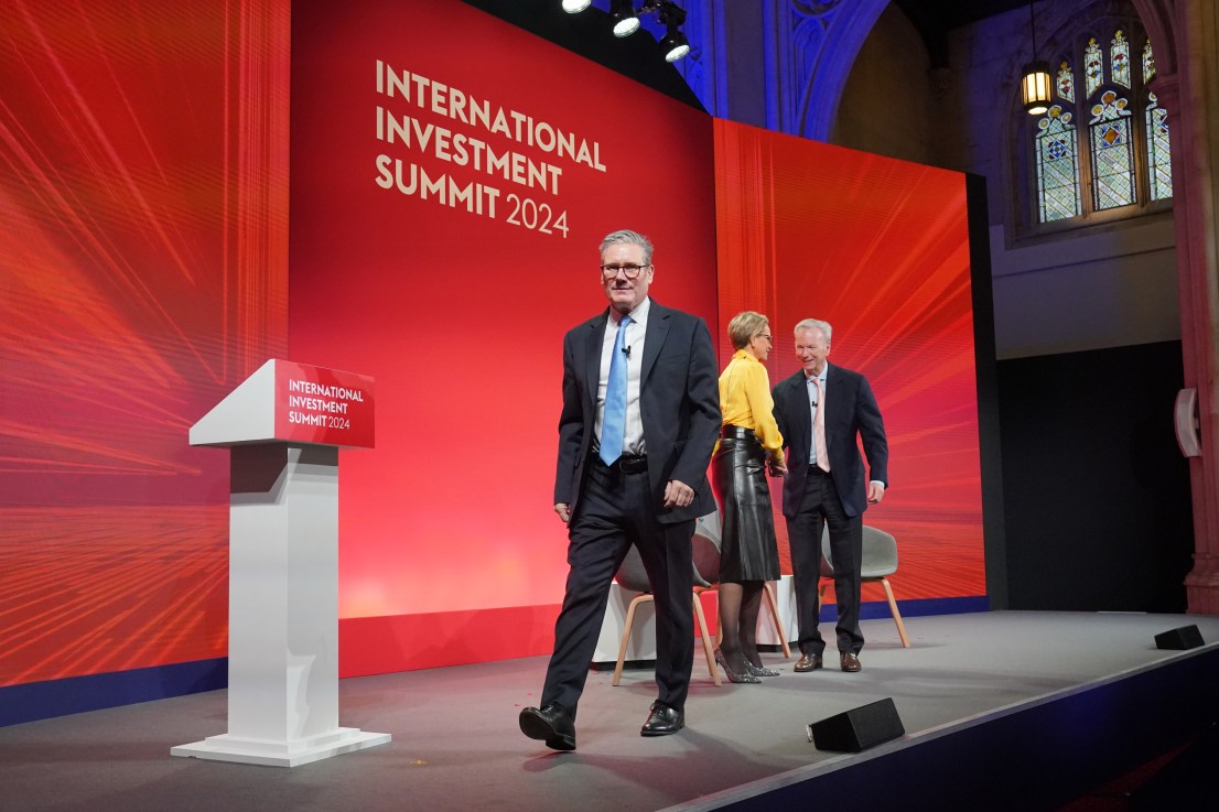 Prime Minister Sir Keir Starmer leaves the stage following a conservation with former CEO of Google, Eric Schmidt and Dame Emma Walmsley the CEO of GSK, during the International Investment Summit in London, as the Government seeks to woo investors to the UK. Picture date: Monday October 14, 2024. PA Photo. See PA story POLITICS Investment. Photo credit should read: Jonathan Brady/PA Wire