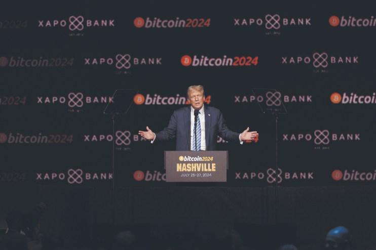 Former US President Donald Trump speaks at the Bitcoin 2024 conference in Nashville, Tennessee, US, on Saturday, July 27, 2024. . Photographer: Brett Carlsen/Bloomberg via Getty Images
