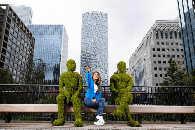 Alpa explores Eden Dock, a first of its kind urban space, as it is unveiled in Canary Wharf, London, as part of a partnership with the Eden Project, the charity’s first city venture. Issue Date: Wednesday October 2, 2024. PA Photo. Located in the heart of the Wharf, Eden Dock features floating ecology islands, marine habits and 21 mossy sculptures dotted around the dock. Eden Dock has been created as a blueprint for biodiversity and habitat gain for cities around the world. Photo credit should read: David Parry/ PA Media Assignment