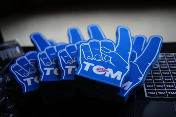 LONDON, ENGLAND - SEPTEMBER 3: Branded foam hands are displayed ahead of a speech by Britain's Shadow Minister for Security, Tom Tugendhat, to announce his bid for Conservative Party leadership, on September 3, 2024 in London, England. Since entering the Conservative leadership race in late July, the former Minister of State for Security under Rishi Sunak, who currently shadows the role, has pledged to implement a legally binding annual cap on net migration of 100,000. (Photo by Carl Court/Getty Images)