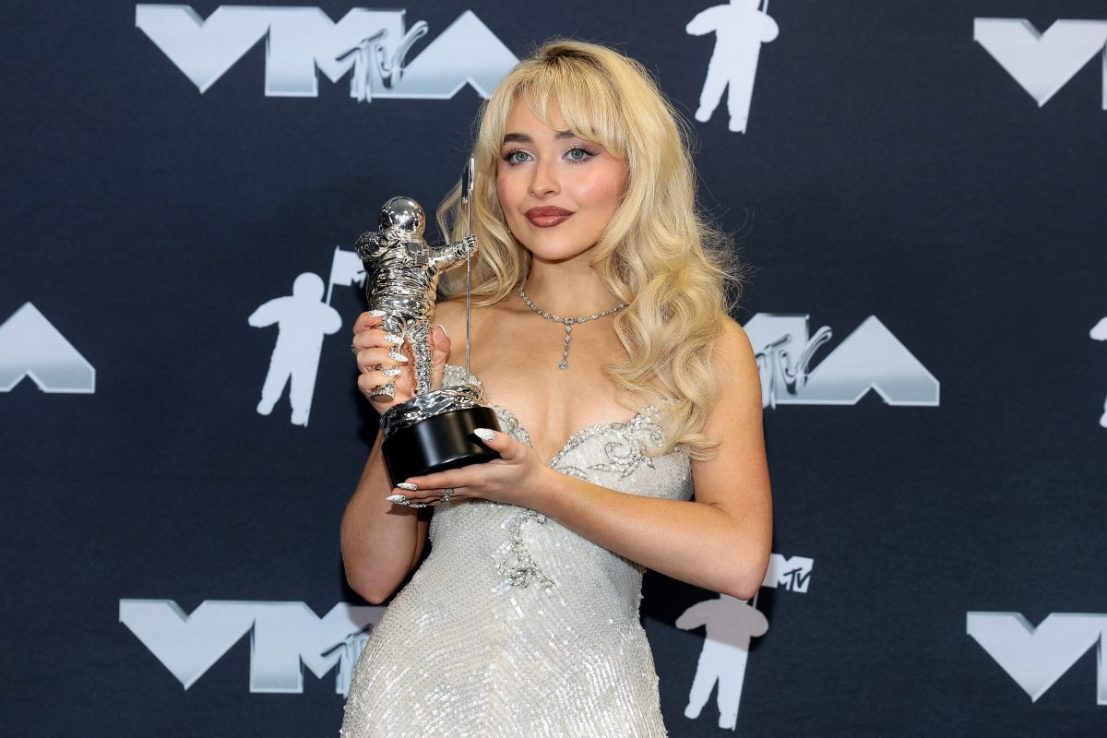 ELMONT, NEW YORK - SEPTEMBER 11: Sabrina Carpenter, winner of the Song of the Year award for "Espresso,” poses in the press room during the 2024 MTV Video Music Awards at UBS Arena on September 11, 2024 in Elmont, New York.  (Photo by Dimitrios Kambouris/Getty Images)