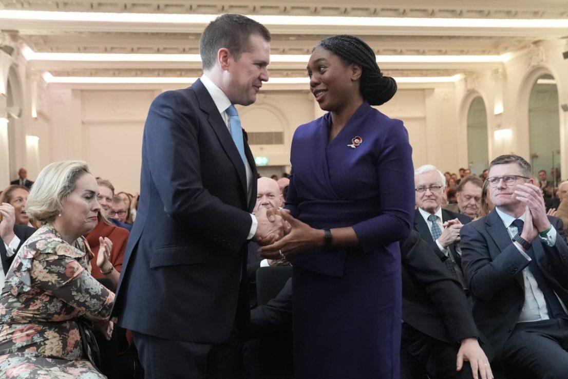 Kemi Badenoch is congratulated by Robert Jenrick after being announced as the new Conservative Party leader (Stefan Rousseau/PA Wire)