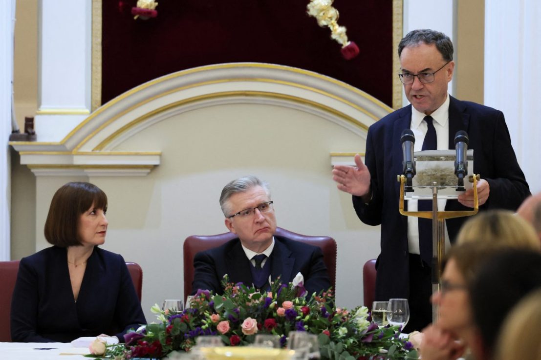 Andrew Bailey, the Governor of the Bank of England, delivers a speech to the Financial and Professional Services Dinner, alongside Chancellor Rachel Reeves. Isabel Infantes/PA Wire