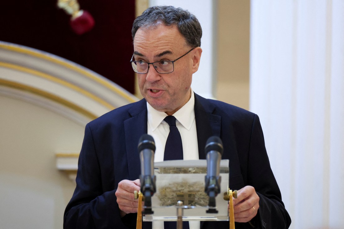 Andrew Bailey, the Governor of the Bank of England, speaks at Mansion House. 
Credit: Isabel Infantes/PA Wire
