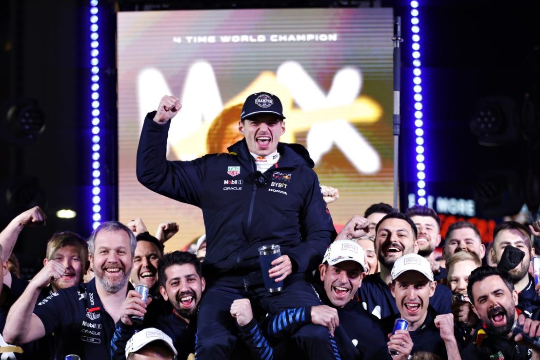 LAS VEGAS, NEVADA - NOVEMBER 23: 2024 F1 World Max Verstappen clinched another Formula 1 world championship by finishing fifth at the Las Vegas Grand Prix Champion Max Verstappen of the Netherlands and Oracle Red Bull Racing celebrates with his team in the Paddock after the F1 Grand Prix of Las Vegas at Las Vegas Strip Circuit on November 23, 2024 in Las Vegas, Nevada. (Photo by Chris Graythen/Getty Images)