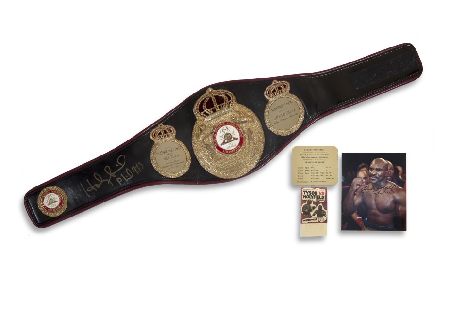 Evander Holyfield's WBA belt is up for sale in what Aguttes says is the biggest European sale of sports memorabilia ever