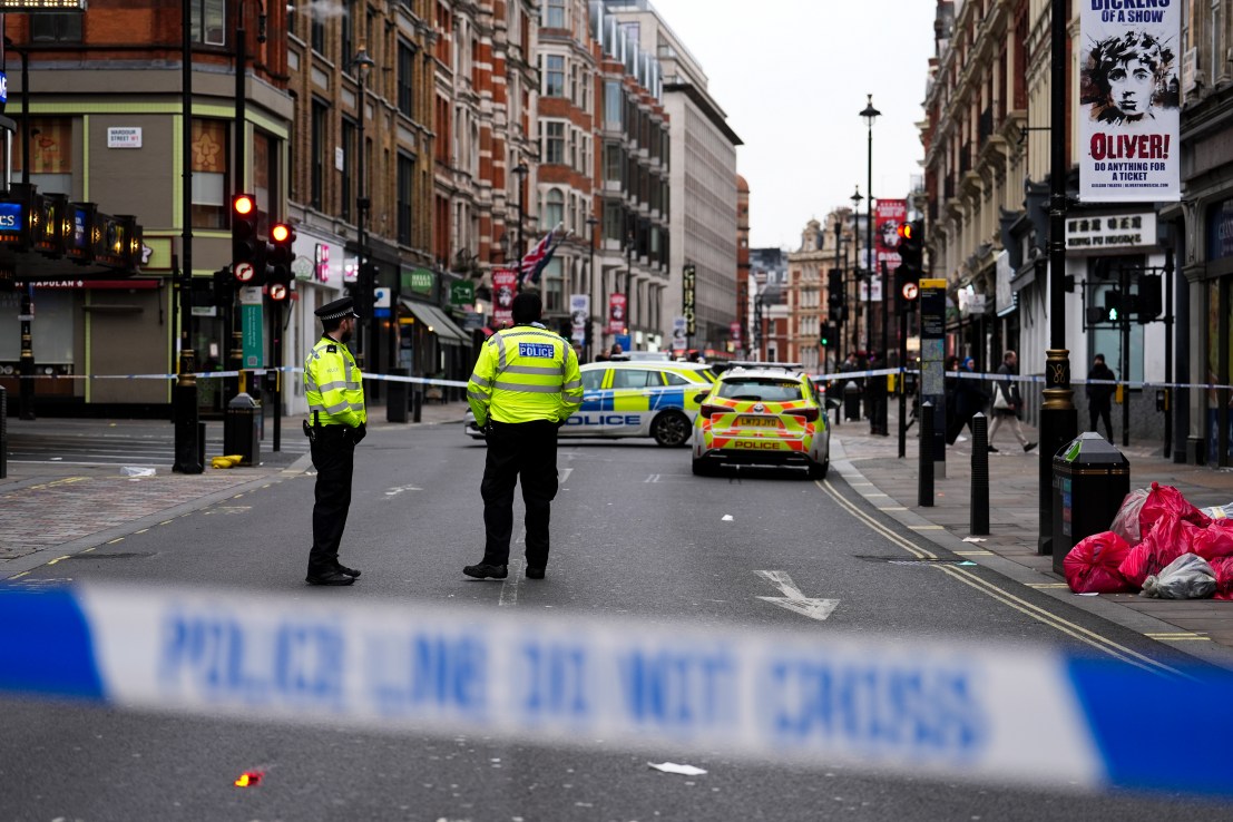 The scene on Shaftesbury Avenue in central London after four people were injured, one seriously, by a car which was driven onto a pavement in central London in the early hours of Christmas Day. A 31-year-old man has been arrested on suspicion of attempted murder. Picture date: Wednesday December 25, 2024. PA Photo. See PA story POLICE Shaftesbury. Photo credit should read: Jordan Pettitt/PA Wire