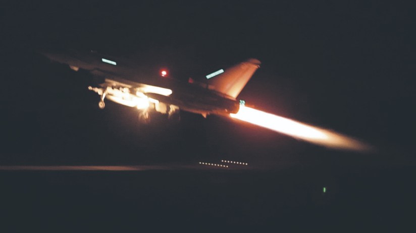 Handout photo dated 11/01/24 issued by the Ministry of Defence (MOD) of one of four RAF Typhoon aircraft taking off from RAF Akrotiri in Cyprus