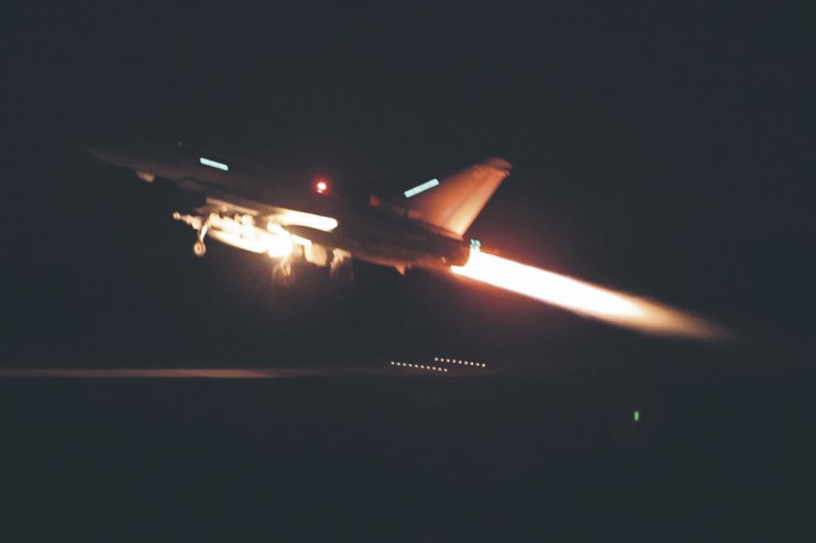 Handout photo dated 11/01/24 issued by the Ministry of Defence (MOD) of one of four RAF Typhoon aircraft taking off from RAF Akrotiri in Cyprus