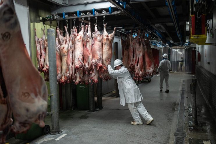 LONDON, ENGLAND - FEBRUARY 14: A worker pushes newly-delivered pork into a wholesale butchers at Smithfield Market on February 14, 2023 in London, England. Central London's Smithfield meat market, which dates from the 10th century, will relocate to a purpose-built site in Dagenham as part of a 1 billion GBP project to combine the city's wholesale markets under one roof. The vacated area will house the re-located Museum of London. The move from Smithfield faced opposition from meat traders, who had threatened to invoke a royal charter to remain at the site. However, the new market is expected to bring 2,700 new jobs to the borough of Barking and Dagenham. (Photo by Carl Court/Getty Images)