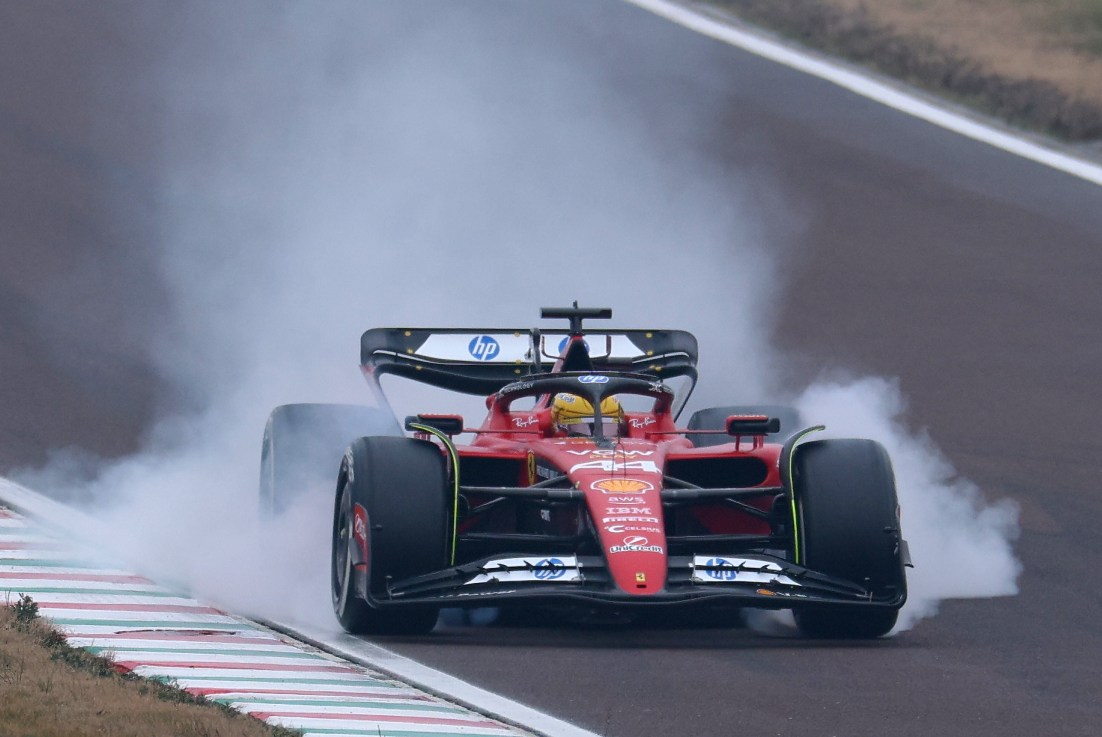 FIORANO MODENESE, ITALY - JANUARY 22: Lewis Hamilton of Great Britain driving the (44) Ferrari SF-23 locks a wheel under braking during his first official days as a Scuderia Ferrari F1 driver at Fiorano Circuit on January 22, 2025 in Fiorano Modenese, Italy. (Photo by Clive Rose/Getty Images)