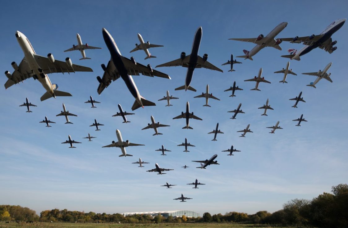 LONDON, ENGLAND - NOVEMBER 2: (EDITOR'S NOTE: THIS IMAGE IS A PHOTO COMPOSITE) In this composite photo,  Planes take off from Heathrow  Airport on November 2, 2016 in London, England. A total of 42 planes were captured taking off from Heathrow Airport in a one hour period between 10.17am and 11.17am and a montage was created from those single images. Air traffic controllers warned that the UK skies are becoming over crowded and today, Friday 21st July 2017, is set to be the busiest day of the year. (Photo by Dan Kitwood/Getty Images)
