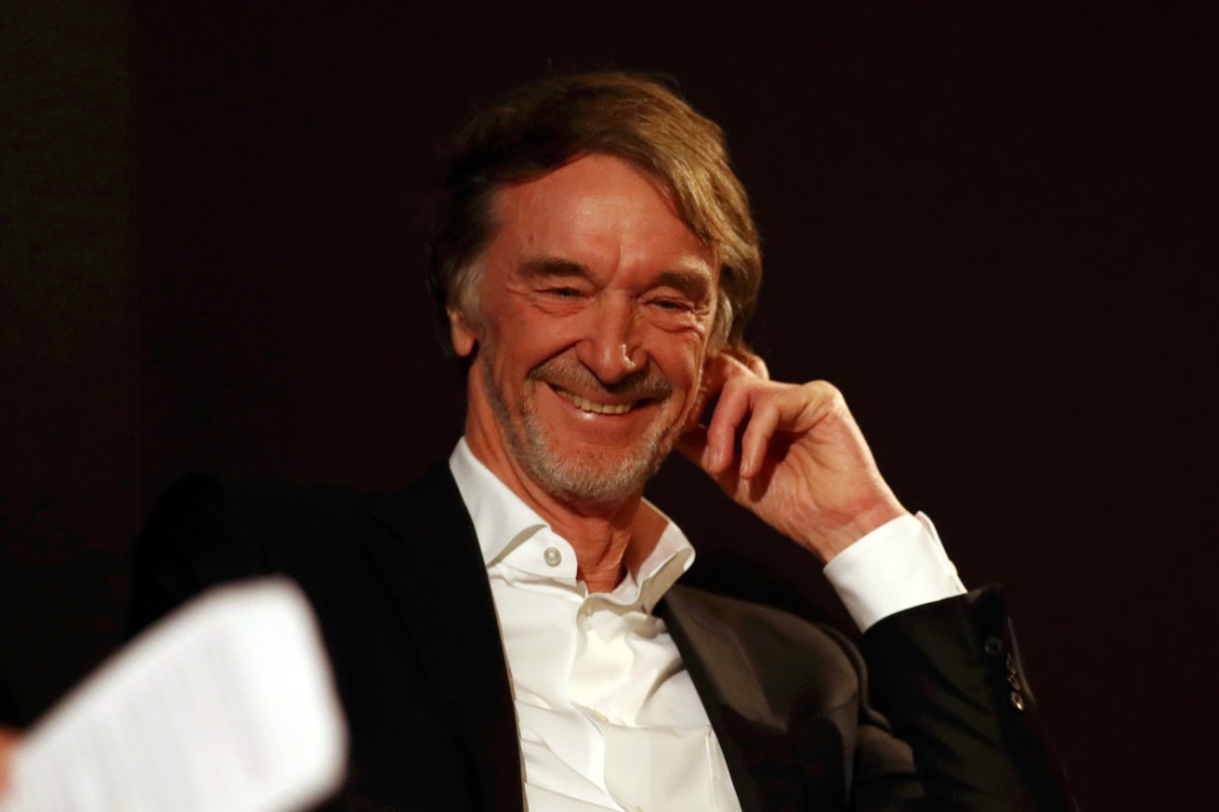 INEOS Founder and Chairman Sir Jim Ratcliffe (L) reacts during a press conference (Photo by Bryn Lennon/ Getty Images)