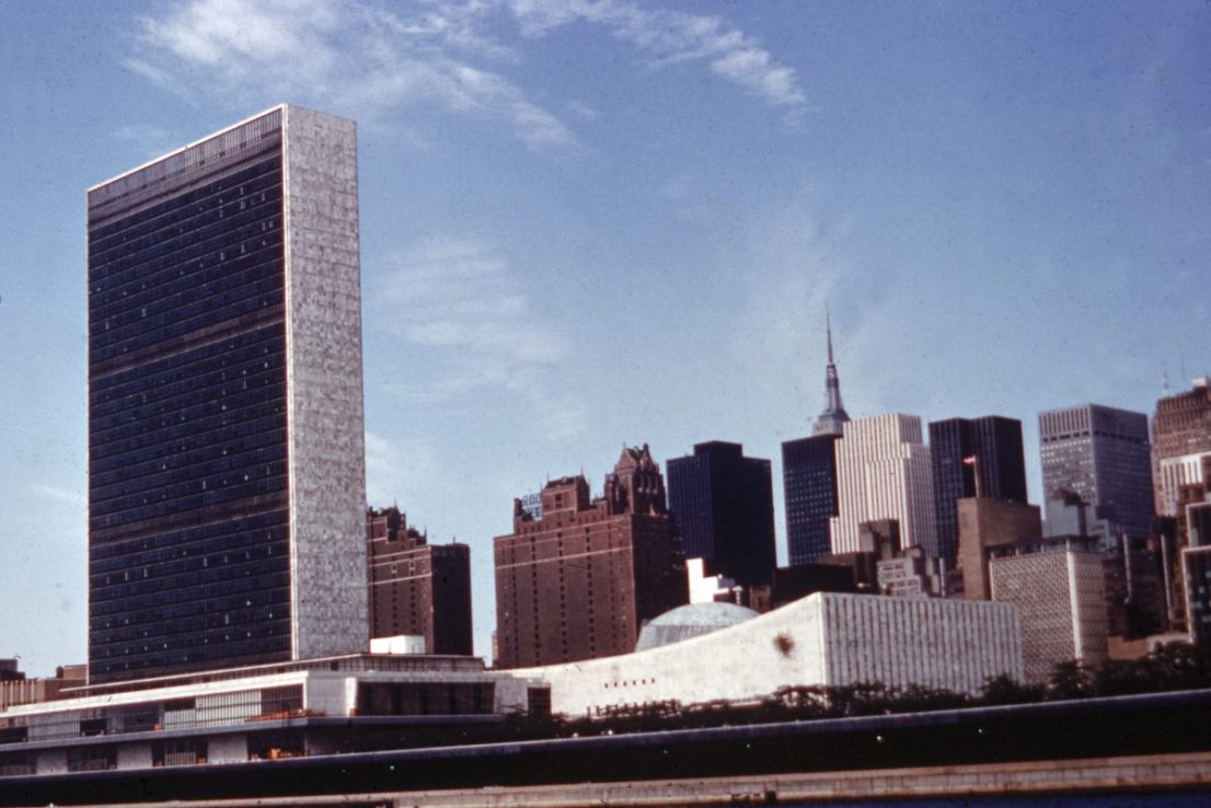 Exterior view of the United Nations Headquarters building and surrounding midtown area as seen looking West from the East River, New York, New York, 1960s. (Photo by Hulton Archive/Getty Images)