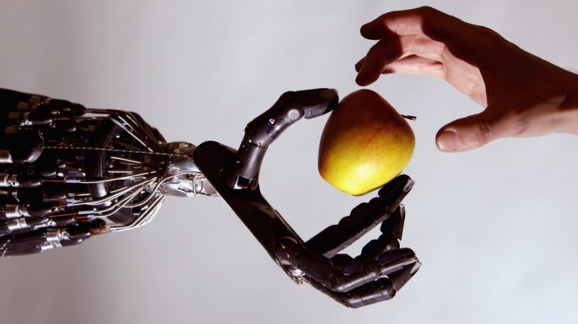 LONDON - MAY 06: The Shadow Robot company's dextrous hand robot holds an Apple at the Streetwise Robots event held at the Science Museum's Dana Centre on May 6, 2008 in London, England. The Dextrous Robotic Hand has a bank of 40 Air Muscles which make it capable of 24 movements and the most advanced robot hand in the World. (Photo by Jeff J Mitchell/Getty Images)