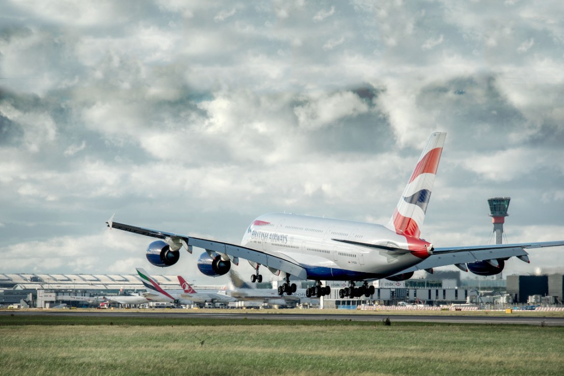 Heathrow Airport, British Airways Airbus A380 come in to land,