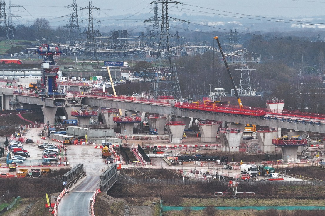 An aerial view of the HS2 viaduct construction at the Delta Junction on February 12, 2025 in Sutton Coldfield, England. 