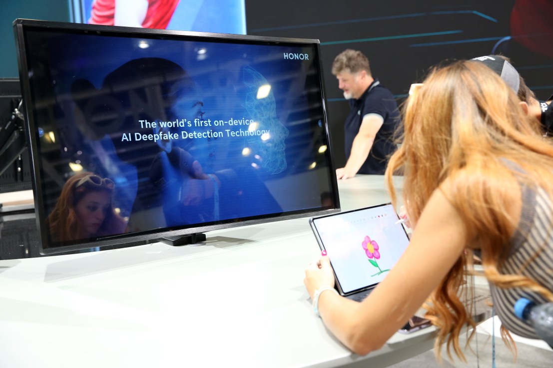 BERLIN, GERMANY - SEPTEMBER 06: An Honor television monitor claims to on-device AI deepfake detection technology at the Internationale Funkausstellung Berlin (IFA) international trade fair for consumer electronics and home appliances during the show's 100th anniversary, on September 06, 2024 in Berlin, Germany. The event, which rebranded its acronym name for the occasion to stand for "Innovation für Alle" or "Innovation for All" for the anniversary, its 63rd edition, takes place from September 6-10, 2024. (Photo by Adam Berry/Getty Images)