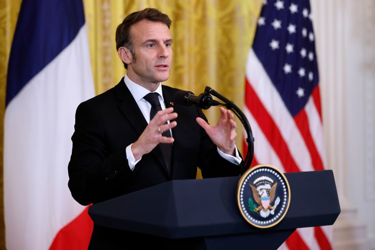 WASHINGTON, DC - FEBRUARY 24: French President Emmanuel Macron answers a reporter's question during a news conference with U.S. President Donald Trump in the East Room of the White House on February 24, 2025 in Washington, DC. Macron is meeting with Trump in Washington on the third anniversary of Russia's full-scale military invasion of Ukraine. (Photo by Chip Somodevilla/Getty Images)