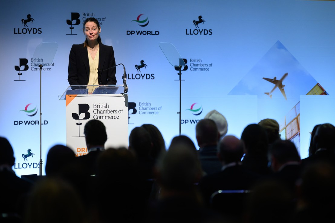Minister for Investment Poppy Gustafsson makes her keynote address at the British Chamber of Commerce "Driving International Trade" conference (Photo by Leon Neal/Getty Images)