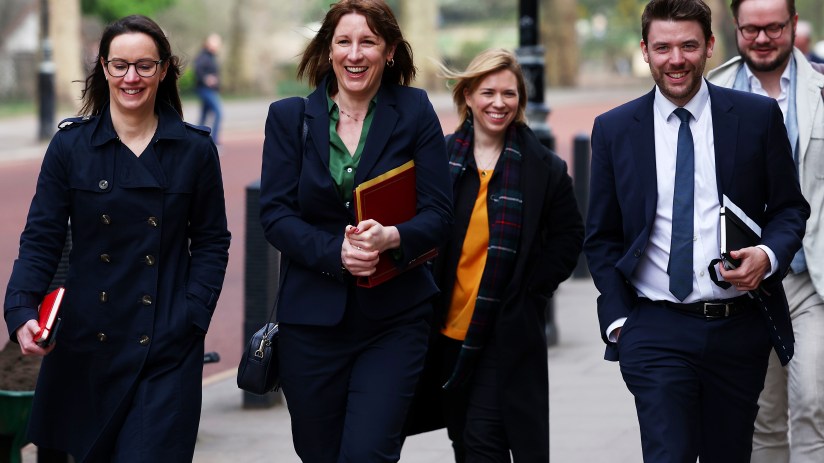 LONDON, ENGLAND - MARCH 25: British Chancellor of the Exchequer Rachel Reeves (2L) leaves Downing Street with the treasury team before tomorrow's Spring Statement on March 25, 2025 in London, England. (Photo by Peter Nicholls/Getty Images)