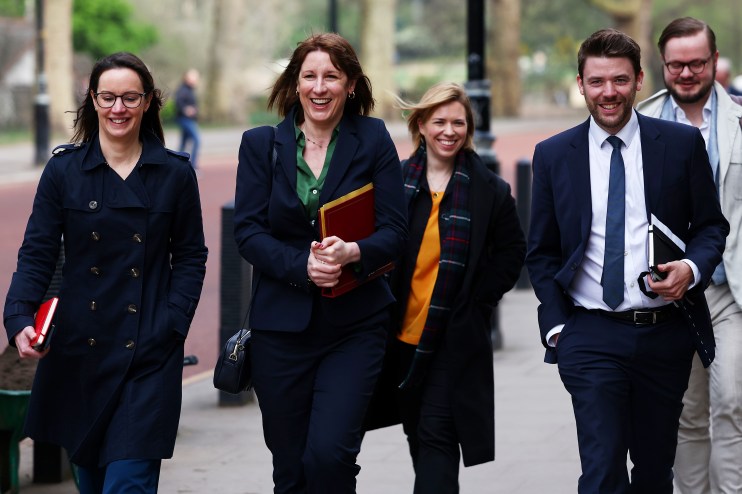 LONDON, ENGLAND - MARCH 25: British Chancellor of the Exchequer Rachel Reeves (2L) leaves Downing Street with the treasury team before tomorrow's Spring Statement on March 25, 2025 in London, England. (Photo by Peter Nicholls/Getty Images)