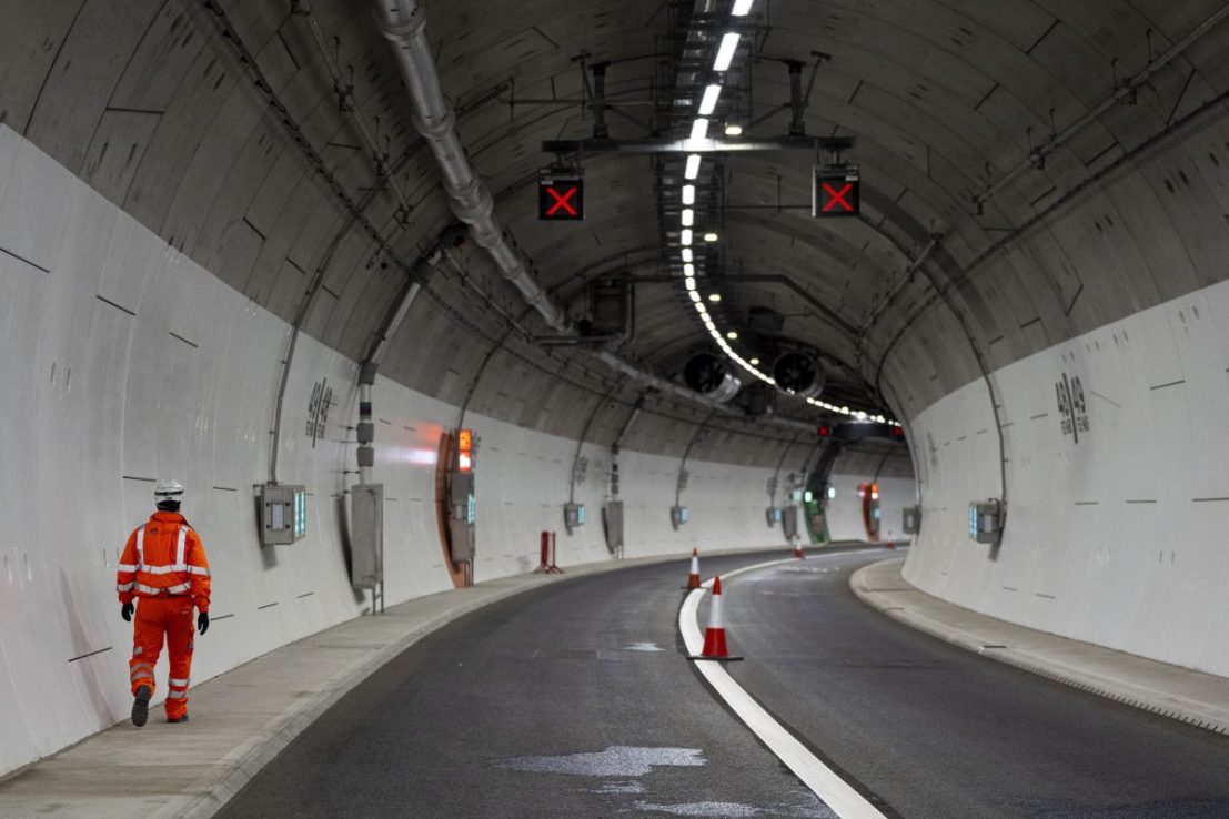 A construction worker in the new Silvertown Tunnel in east London, to mark one week until the new road tunnel opens. The 1.4km (0.9-mile) tunnel will connect Silvertown in east London with Greenwich Peninsula on the south of the River Thames, with car drivers charged up to £4 for each journey. Picture date: Monday March 31, 2025. PA Photo. See PA story TRANSPORT Tunnel. Photo credit should read: Ben Whitley/PA Wire