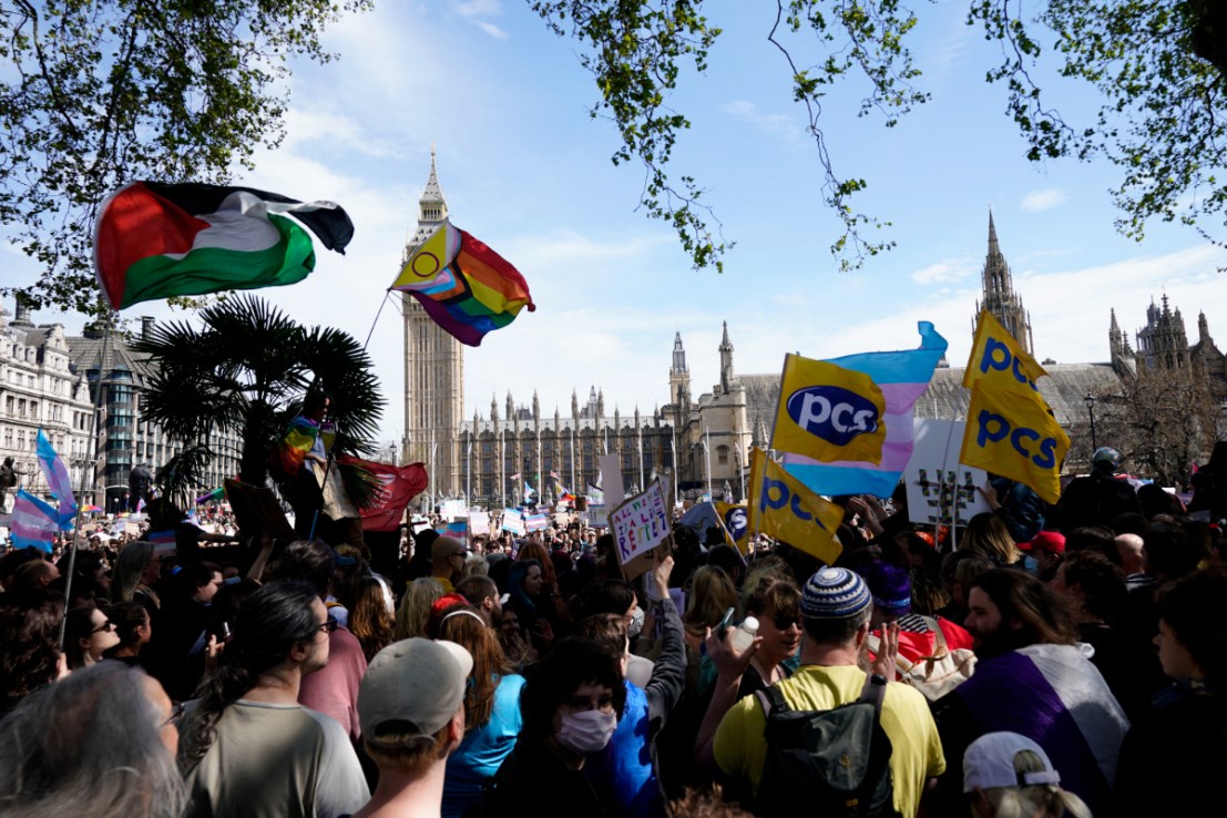 Thousands of trans rights protesters have marched through central London days after a Supreme Court ruled on the definition of a woman. Photo: PA