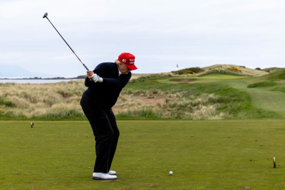 Donald Trump during a round of golf at his Turnberry course on 2 May, 2023. (Photo by Robert Perry/Getty Images)