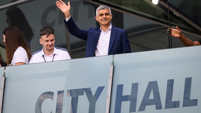 LONDON, ENGLAND - MAY 04: Incumbent Labour Mayor, Sadiq Khan, waves to photographers from the balcony of City Hall after winning an historic third term in office in the London mayoral election at City Hall on May 4, 2024 in London, England. Incumbent Labour Mayor, Sadiq Khan, received 1,088,000 votes, a majority of 275,000 over Conservative candidate, Susan Hall. (Photo by Leon Neal/Getty Images)