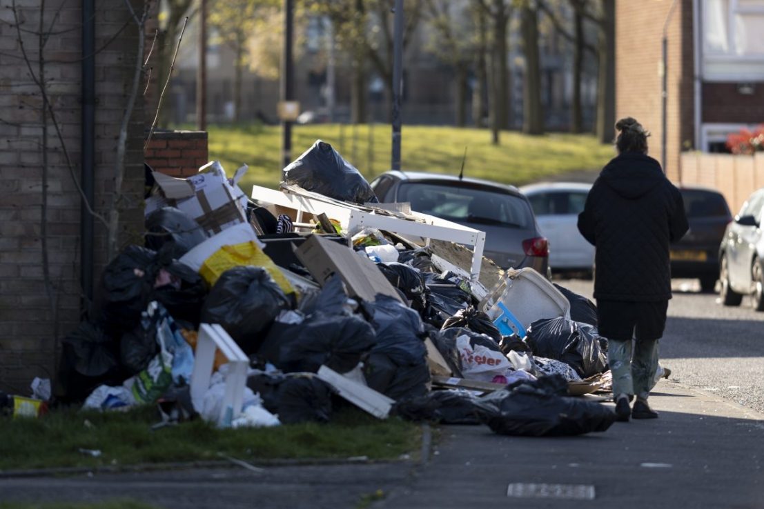 BIRMINGHAM, ENGLAND - APRIL 08: A huge pile of Rubbish on Bromfield Close in Aston on April 08, 2025 in Birmingham, England. Rubbish collectors and members of Unite began intermittent strikes earlier this year over Birmingham City Council's plans to downgrade some staff and reduce their pay by up to £8000. On 11 March, 400 workers began an indefinite strike after the council used agency staff for bin collections. Striking refuse collectors have been accused of preventing bin lorries from leaving depots, and as rubbish piles become infested with rats and flies, a major incident has been declared. (Photo by Ryan Jenkinson/Getty Images)