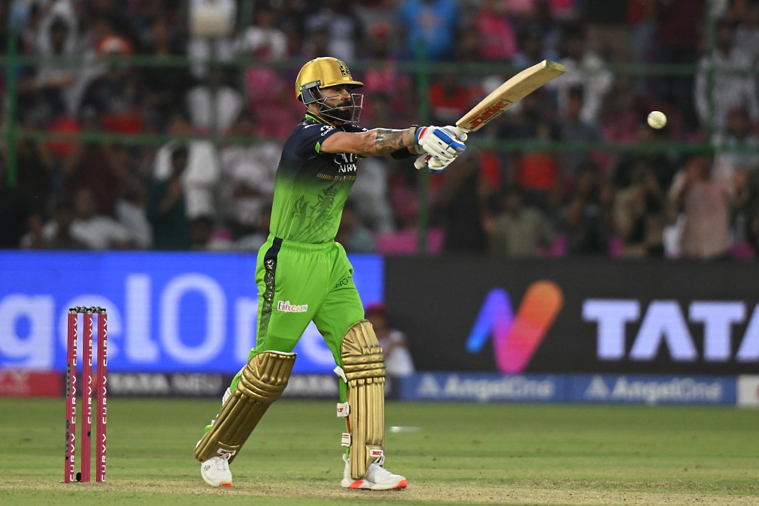 JAIPUR, INDIA - APRIL 13: Virat Kohli of Royal Challengers Bengaluru plays a shot during the 2025 IPL match between Rajasthan Royals and Royal Challengers Bengaluru at Sawai Mansingh Stadium on April 13, 2025, in Jaipur, India. (Photo by Prakash Singh/Getty Images)