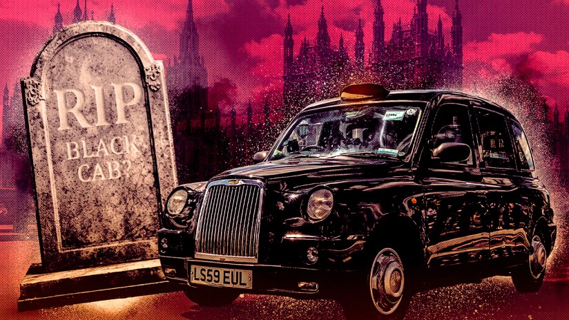 LONDON, THE UNITED KINGDOM - JUNE 26, 2022: Symbols of London - Big Ben, Palace of Westminster and London taxi (Black Cab) on the Westminster Bridge in London, England, UK