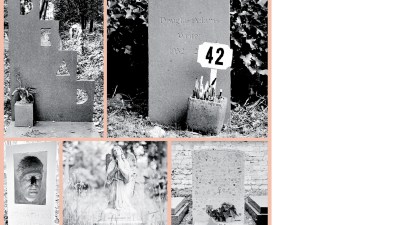 Clockwise from top left: Patrick Caulfield’s DEAD memorial, shot by Daryl Gerard Morrissey for theunfinishedcity.co.uk; Douglas Adams’ simple grave in Highgate Cemetery; The final resting place of Jean-Paul Sartre and Simone de Beauvoir; A classic grave in Highgate taken by Annie Spratt; Jonathan Miller’s inverted face memorial shot by Simon Edwards Esq
