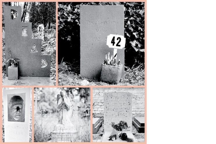 Clockwise from top left: Patrick Caulfield’s DEAD memorial, shot by Daryl Gerard Morrissey for theunfinishedcity.co.uk; Douglas Adams’ simple grave in Highgate Cemetery; The final resting place of Jean-Paul Sartre and Simone de Beauvoir; A classic grave in Highgate taken by Annie Spratt; Jonathan Miller’s inverted face memorial shot by Simon Edwards Esq