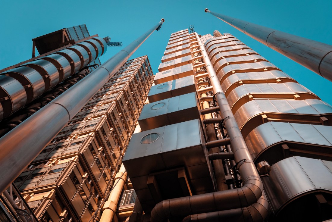 London, England - September 15, 2007: View looking upwards of the The Lloyd's Building in London's financial district, The building was completed in 1986