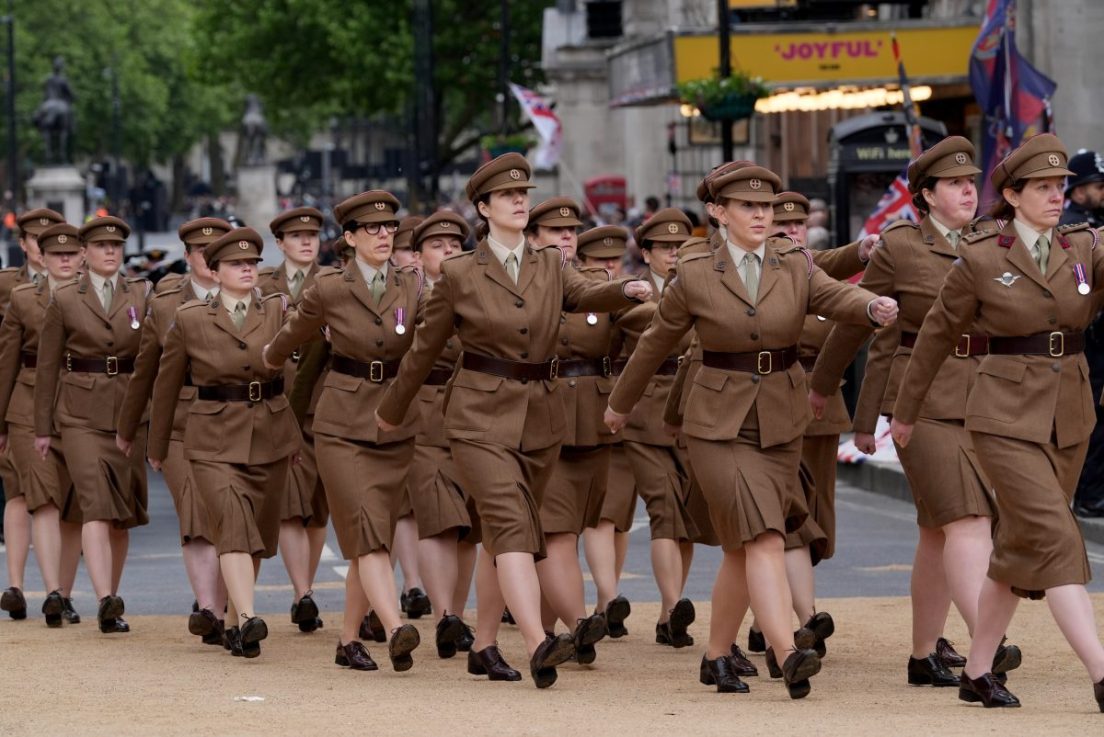 LONDON, ENGLAND - MAY 5: Members of the military during a military procession marking the 80th anniversary of VE Day, and in honour of those who served during the Second World War, on May 5, 2025 in London, England. Around 1300 members of the armed forces, including  the Royal Navy, the Royal Marines, the British Army and the Royal Air Force, along with Commonwealth nations, Ukraine, and Nato allies are taking part in the military procession for Victory in Europe Day, which is celebrated each year on May 8, marking the day the Allies formally accepted Germany's surrender in 1945. (Photo by Lucy North - WPA Pool/Getty Images)